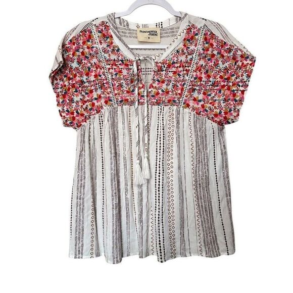 Savanna Jane Embroidered Blouse Women M Multi Floral Stripe Short Sleeve Boho - Picture 1 of 6